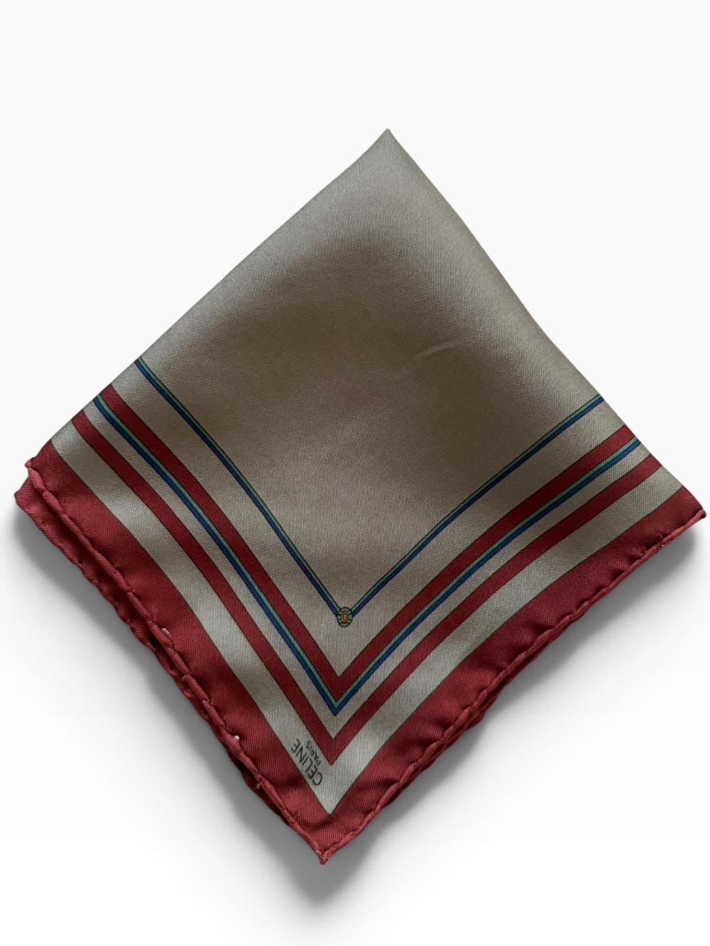 Celine 100% Silk Pocket Square handkerchief scarf - gray with burgundy trim